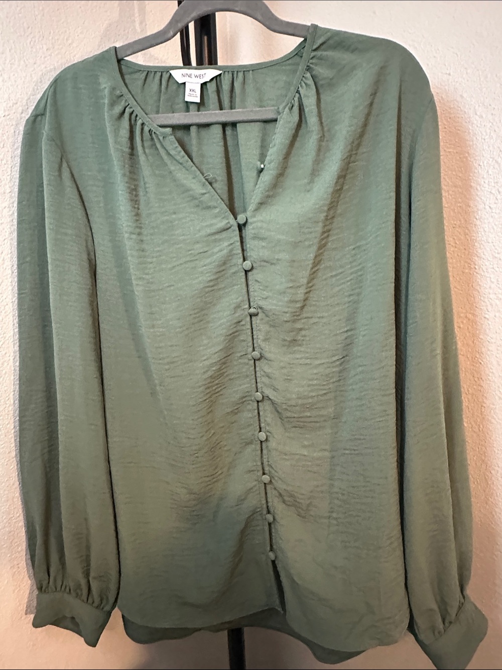 Nine West Moss Green Covered-Button Long Sleeve Blouse